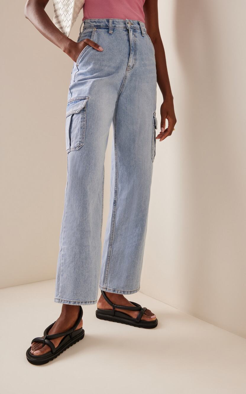 The Frankie Shop Kai Cargo Denim Pants Womens M Worn Wash High-rise Wide Leg NWT